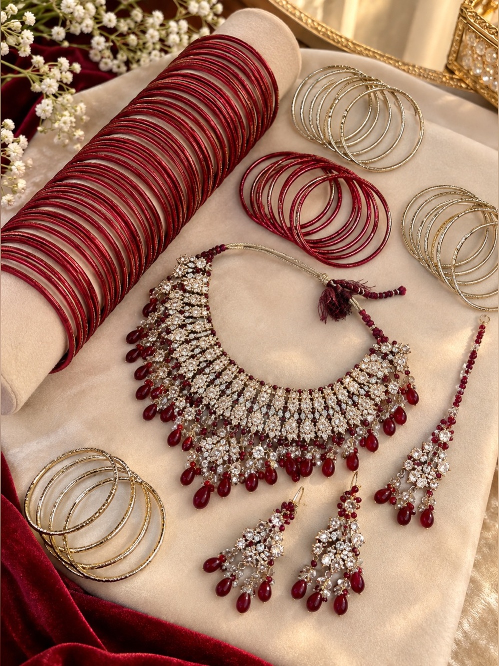 Red and Gold Bridal Jewelry Set -Indian style Necklace with Earrings and Bangle